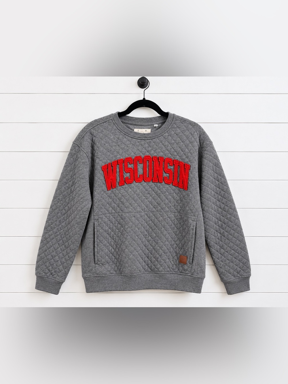 Pressbox Quilted WISCONSIN Crewneck Sweater in Gray with Red Lettering